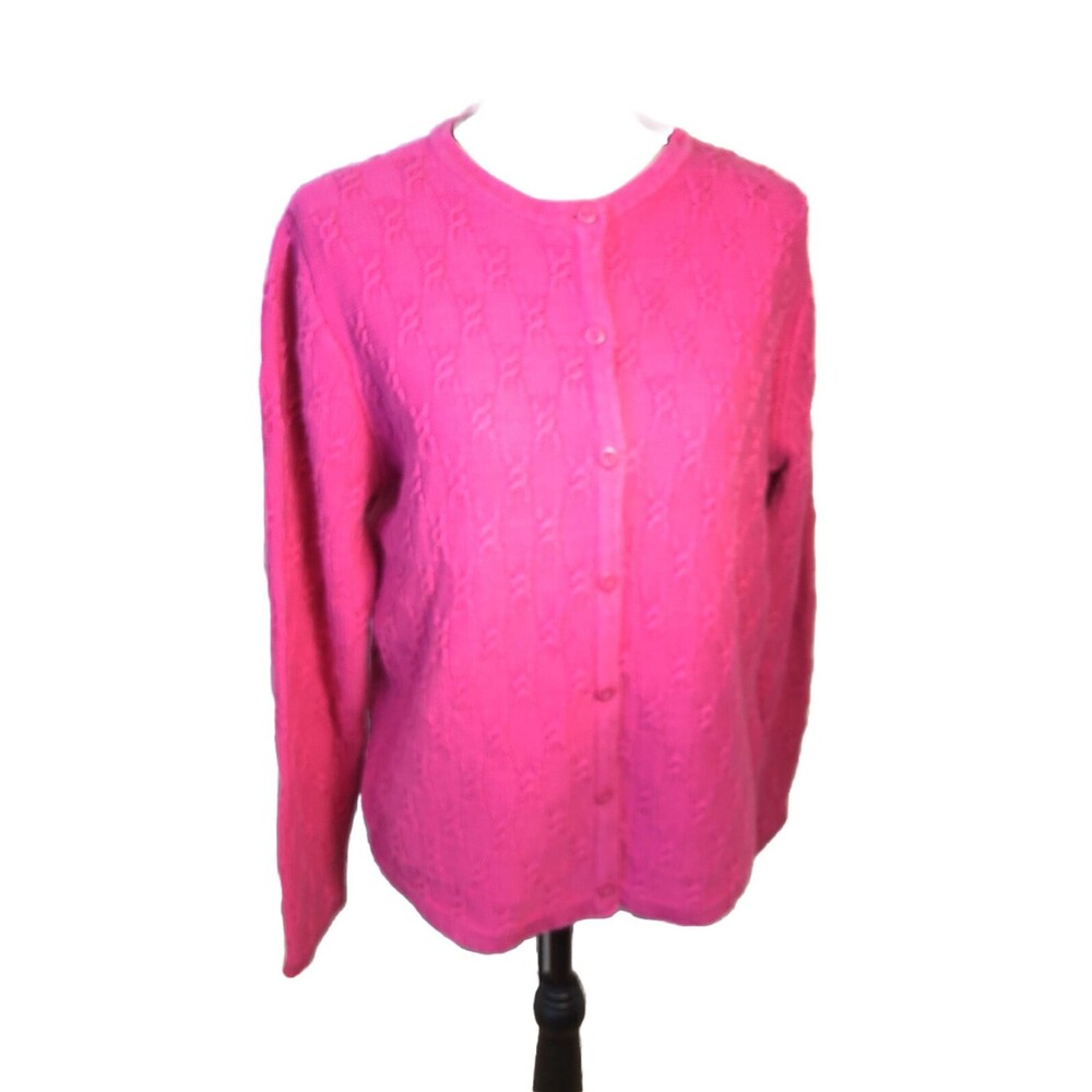 TALBOTS Sz XL Pink Sweater cable Knit magenta Button Long Sleeve Crew Neck